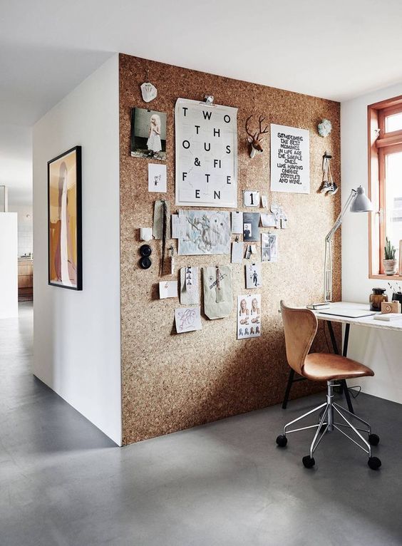Office with cork board wall