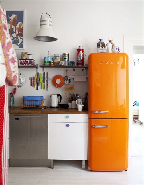Orange fridge kitchen styling